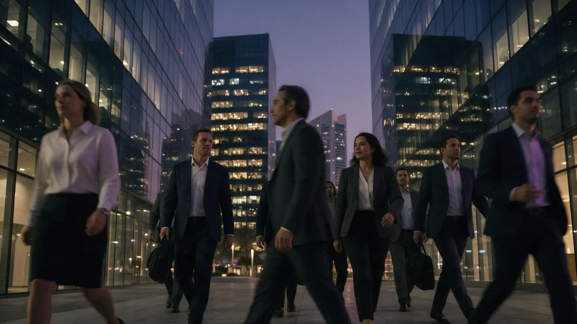 Business district in Dubai at dusk