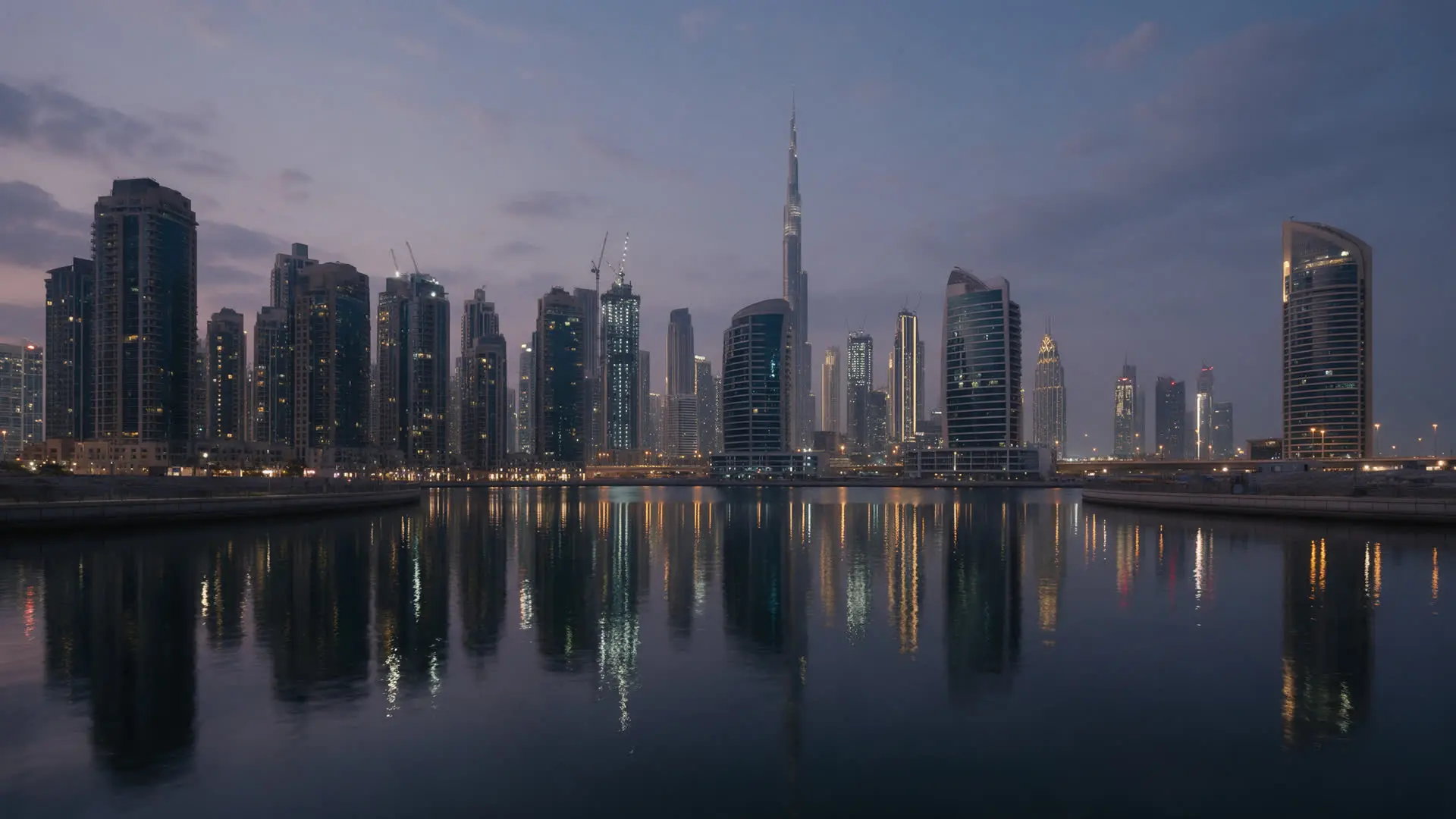 Dubai skyline at dusk across Business Bay