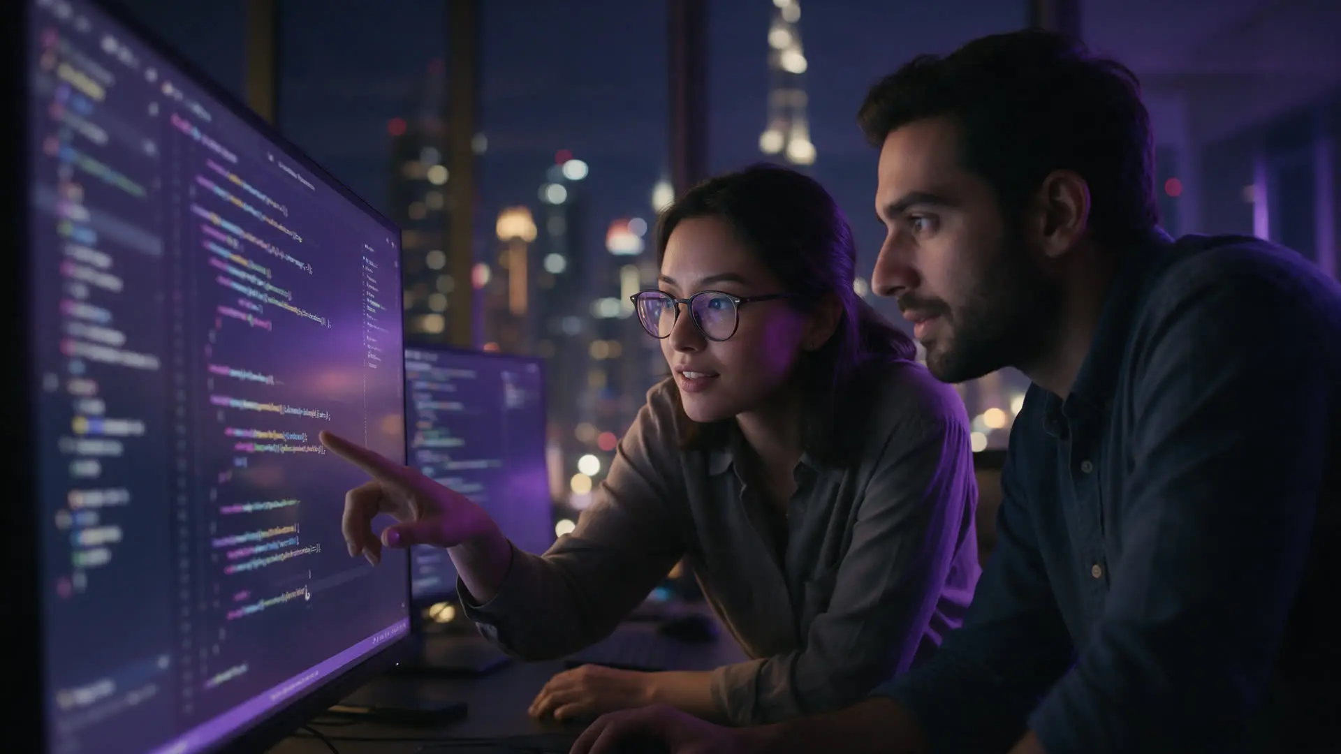 Two engineers reviewing code on a large monitor in a Dubai office at night