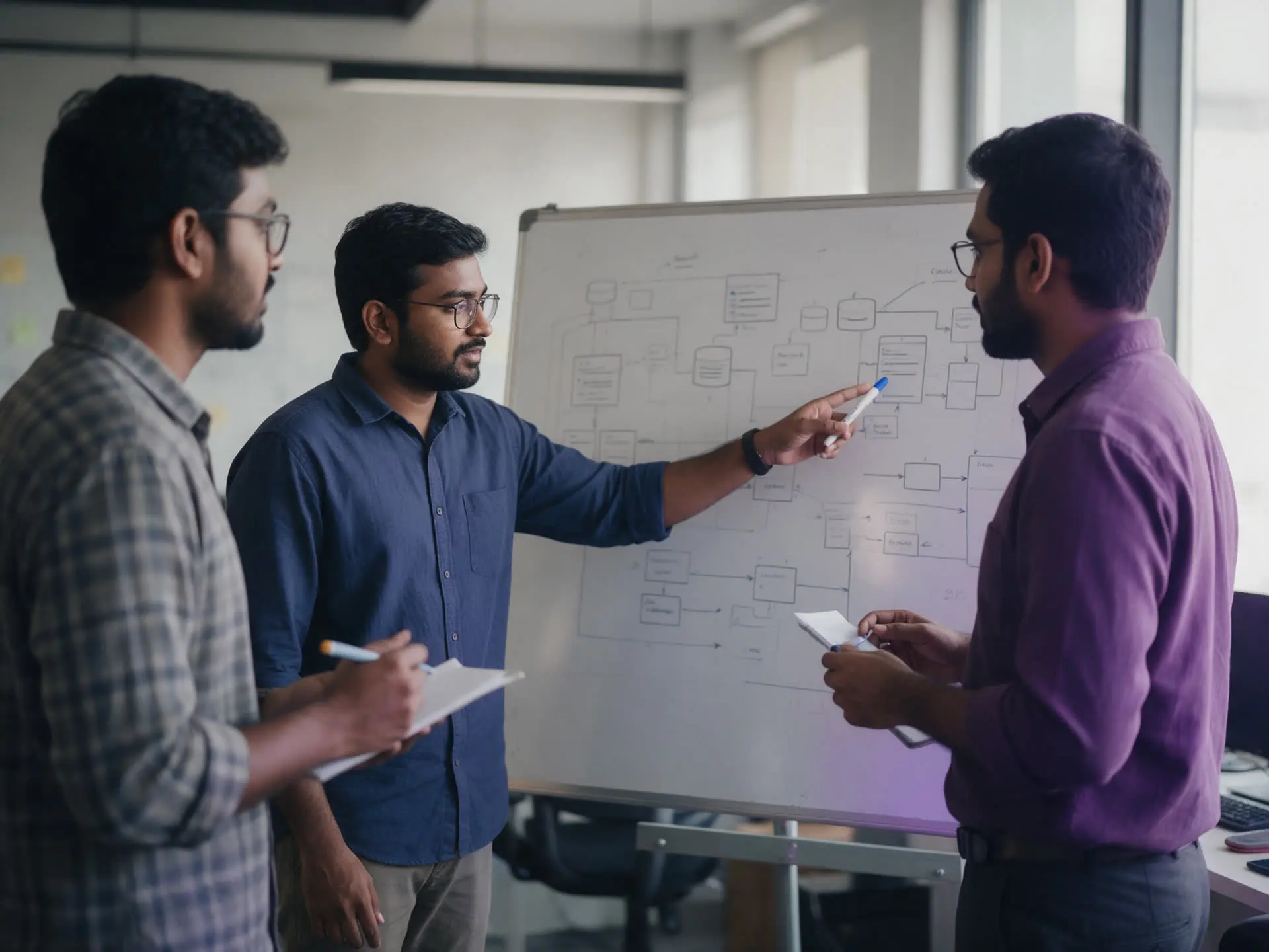 Developers at a whiteboard in the Chennai delivery centre