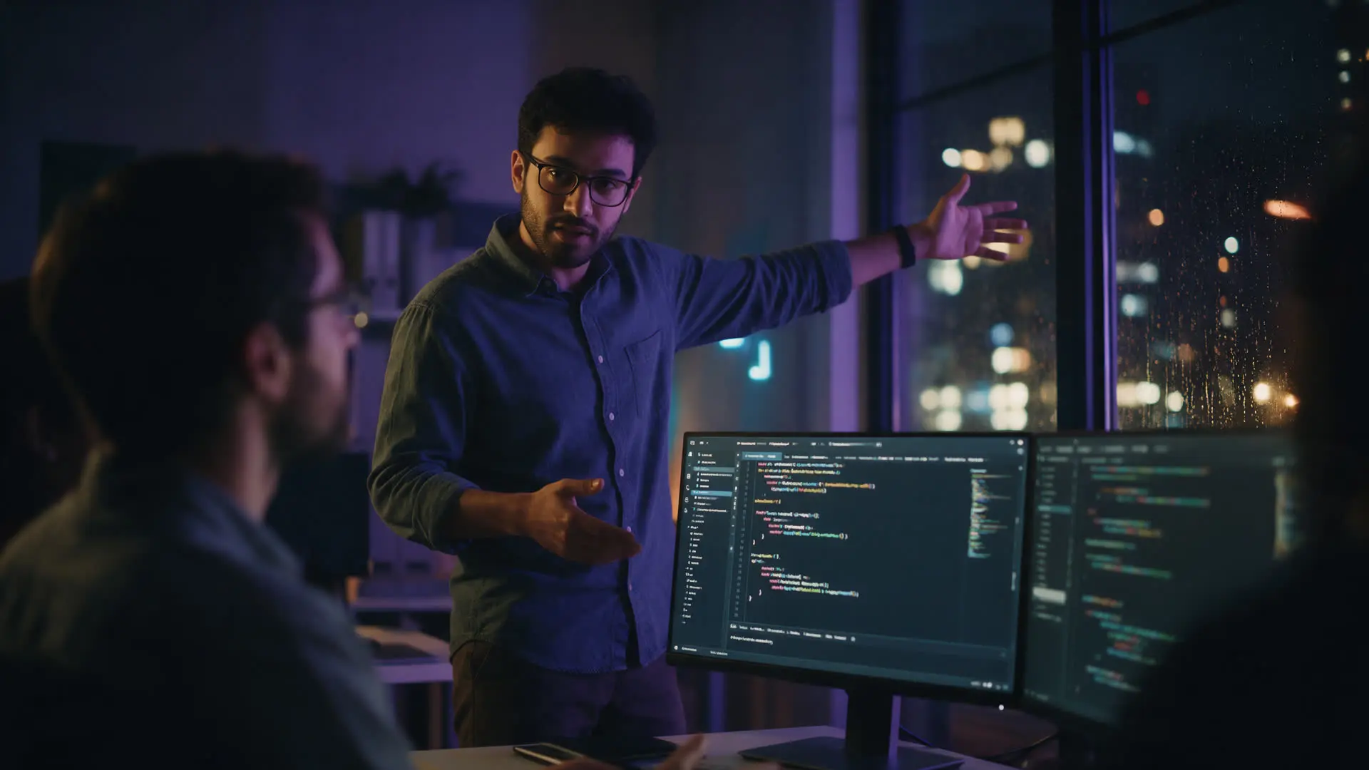 An engineer explaining an idea to colleagues at night